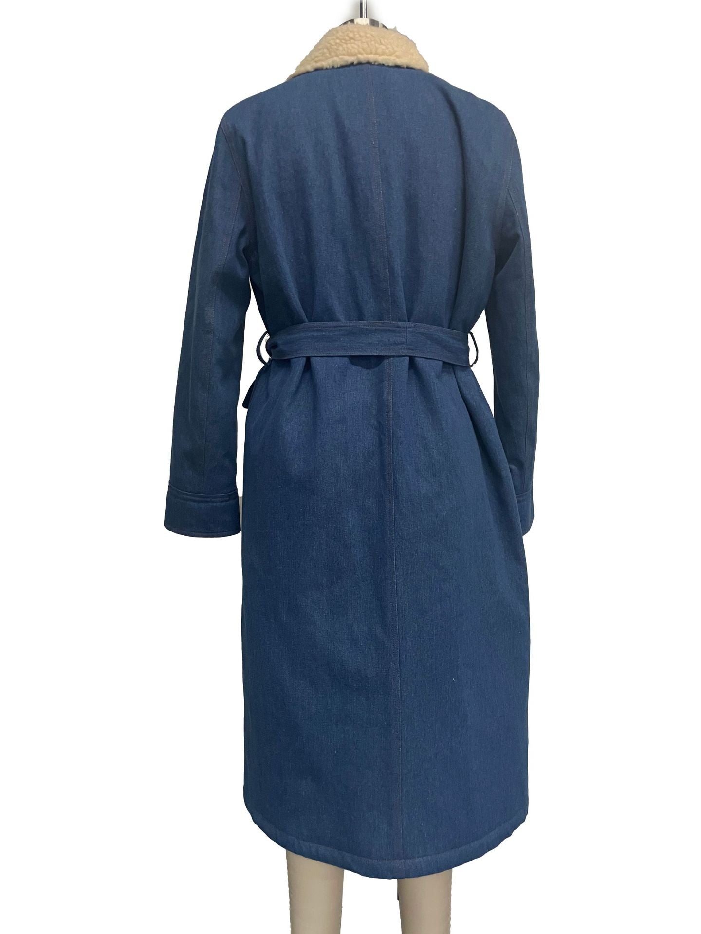 Women Sherpa Turndown Collar Strappy Double Pocket Denim Trench Coat 5