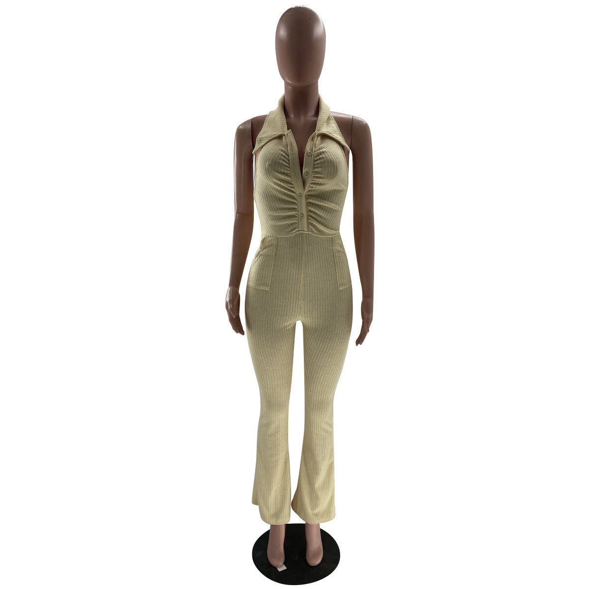 Women's Solid Color Sexy Low Back Halter Neck Turndown Collar Jumpsuit 18