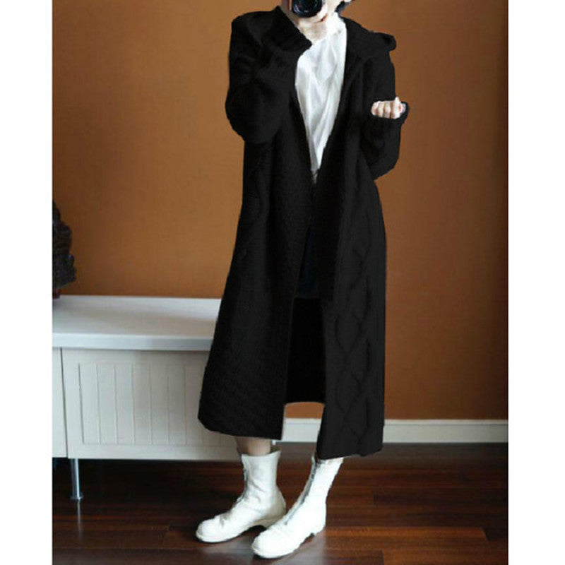 Women Long Loose Cardigan Hooded Twisted Sweater Coat