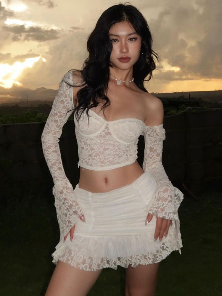 Women Autumn Sexy Bell Bottom Sleeve Crop Top Gathered Skirt Two-piece Set