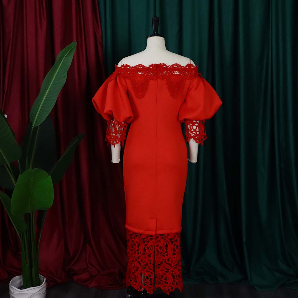 Women's Clothing Off Shoulder Lace Patchwork Puff Sleeve Formal Party Evening Dress 19