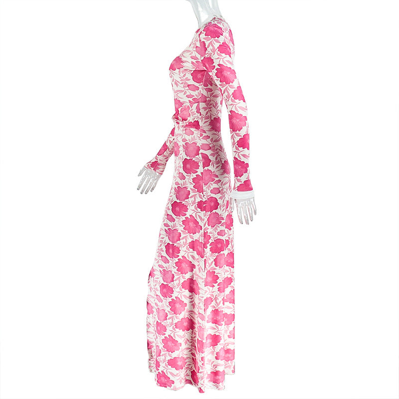 Women's Floral Print Slim Waist Side Split Long Sleeve Long Dress 7