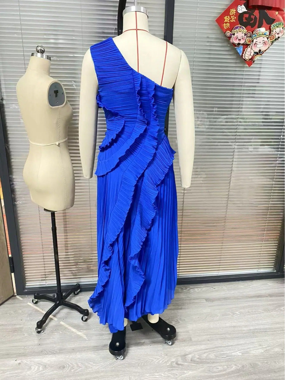 Women Ruffle Halter Neck Holiday Summer Irregular Pleated Dress 3