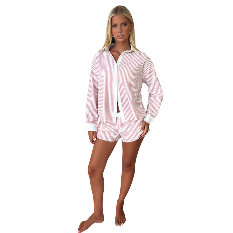 Summer Turndown Collar Long Sleeve Striped Shirt Elastic Waist Shorts Two-Piece Set 6