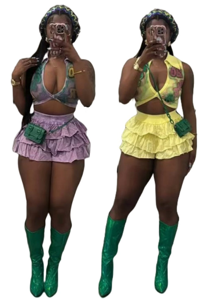 Printed Ruffle Elastic Waist Casual Shorts Set