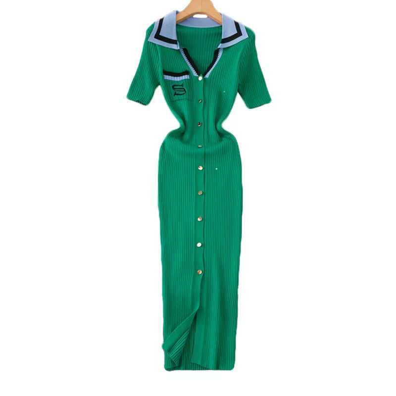 Women Fall/Winter French Contrast Color Embroidered Polo Neck Long-Sleeved Knitted Dress 9