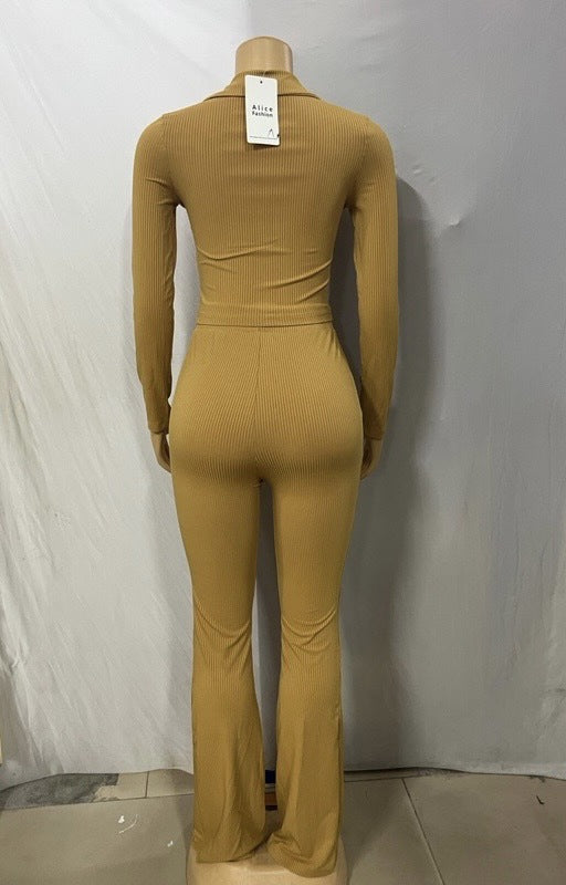 Women turndown collar knitting long sleeve top and Pants two-piece suit 8