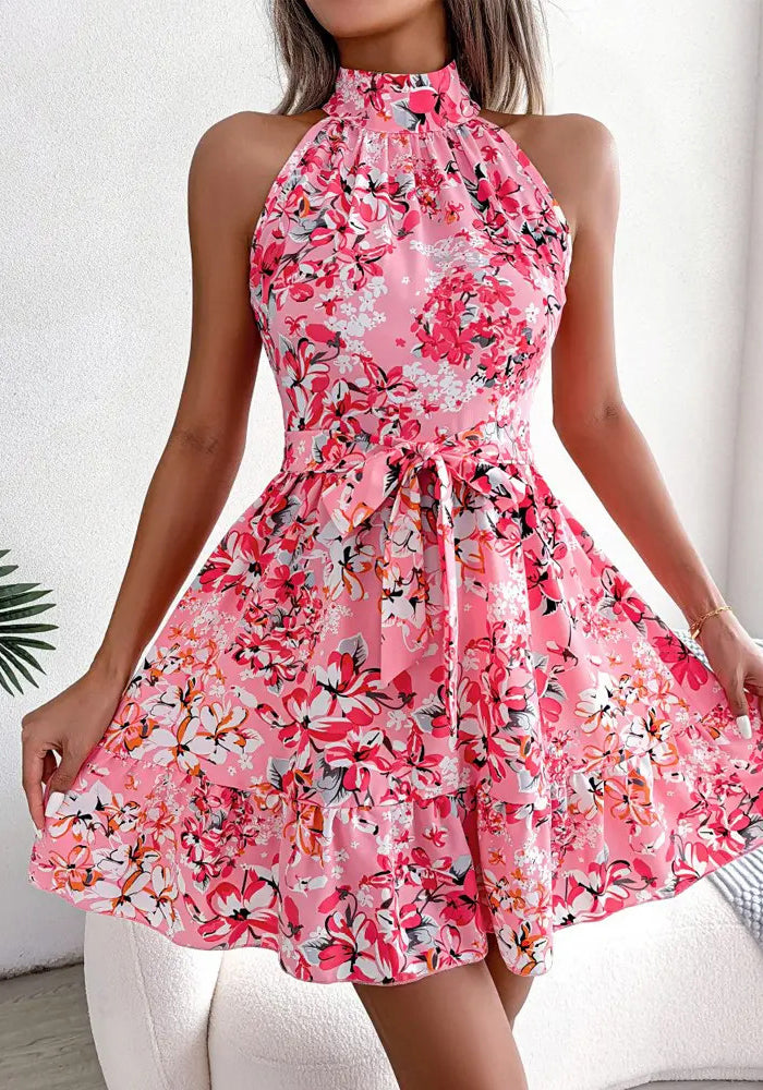Summer Sleeveless Floral Halter Neck Slim Waist Dress