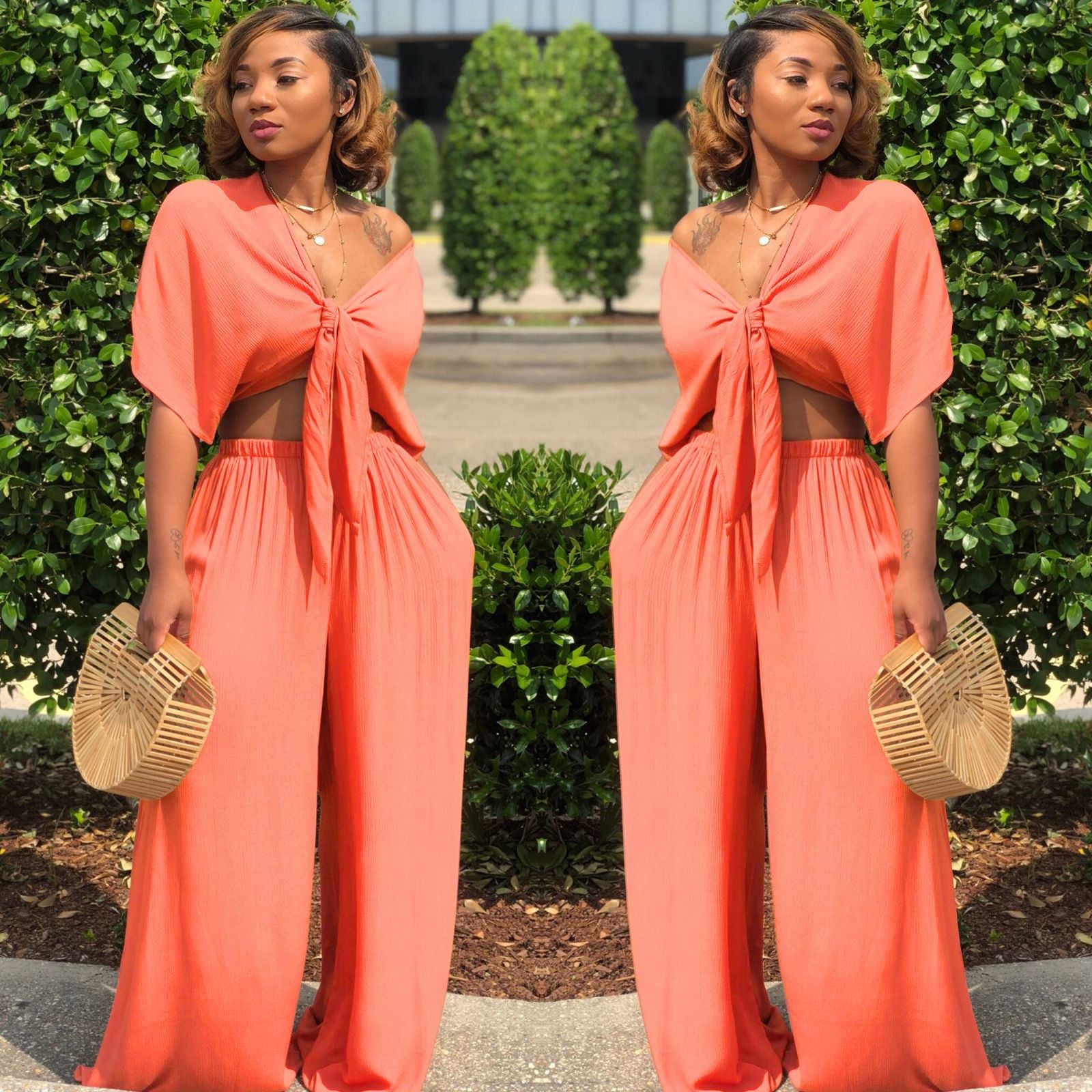 Women's Deep V Lace-Up Top Wide-Leg Pants Set 10