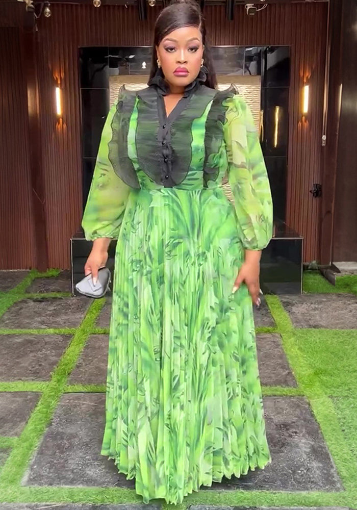 Elegant Long Dress Pleated African Plus Size Women's Print Chiffon Dress