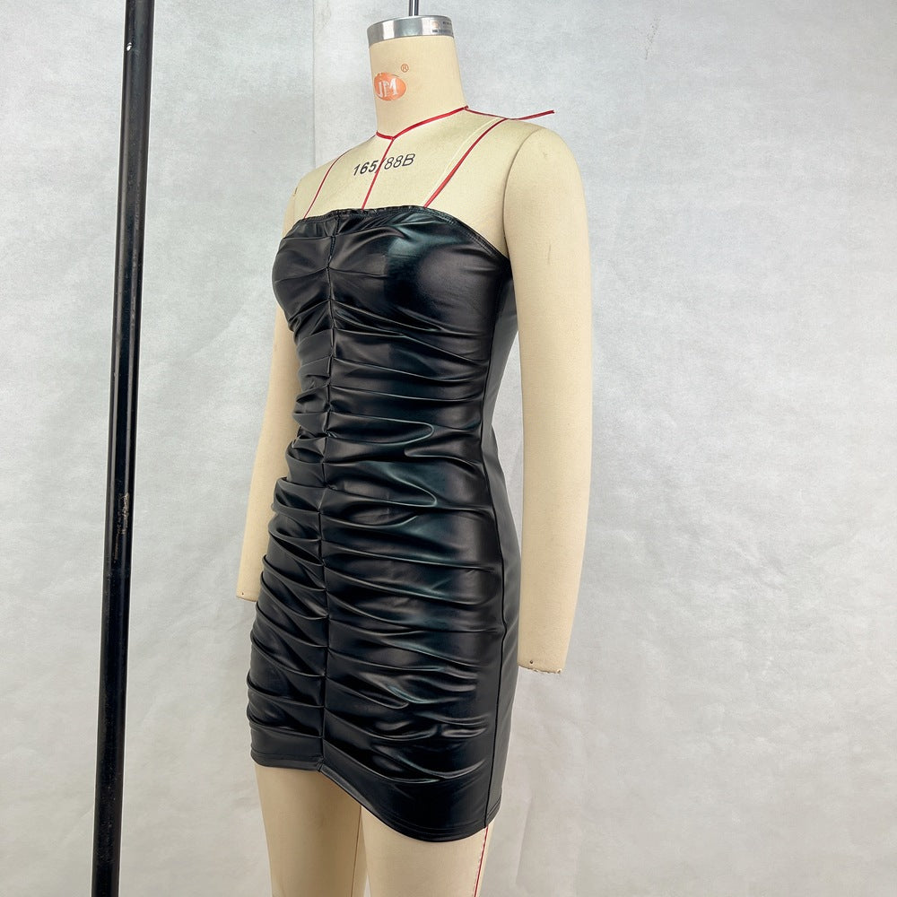 Women's Autumn And Winter Fashion Sexy Strapless Slim Waist Bodycon Pu Leather Pleated Dress 7