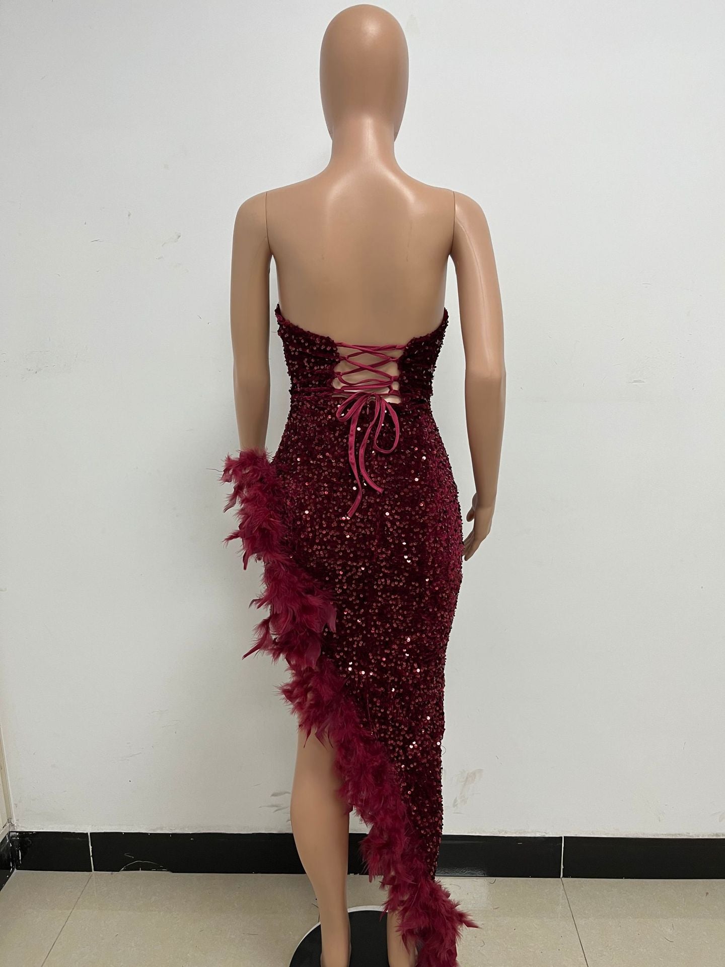 Women Sexy Off Shoulder Backless Sequin Feather Dress 69