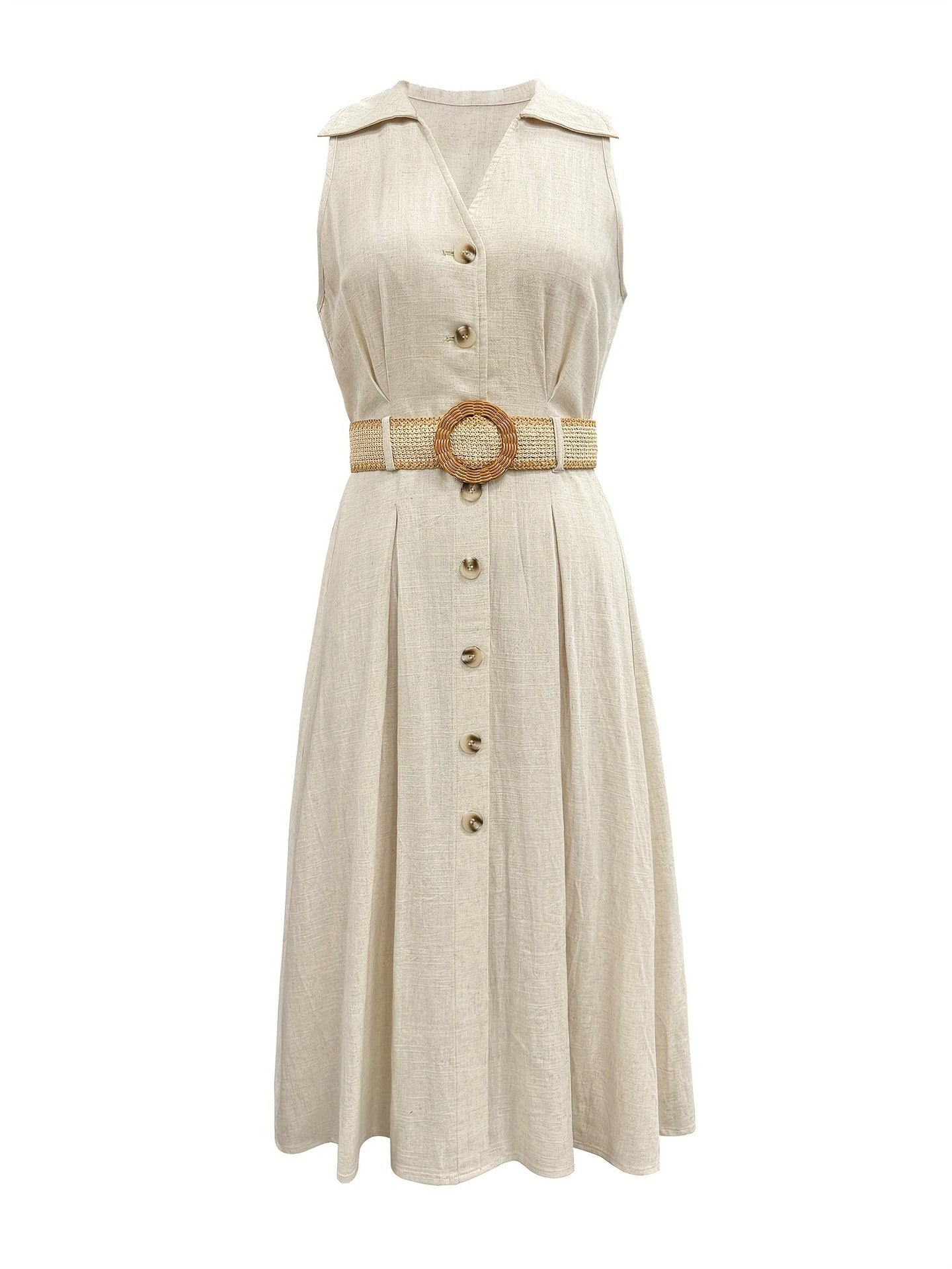 Women V-neck Sleeveless Belt Shirt Dress 9