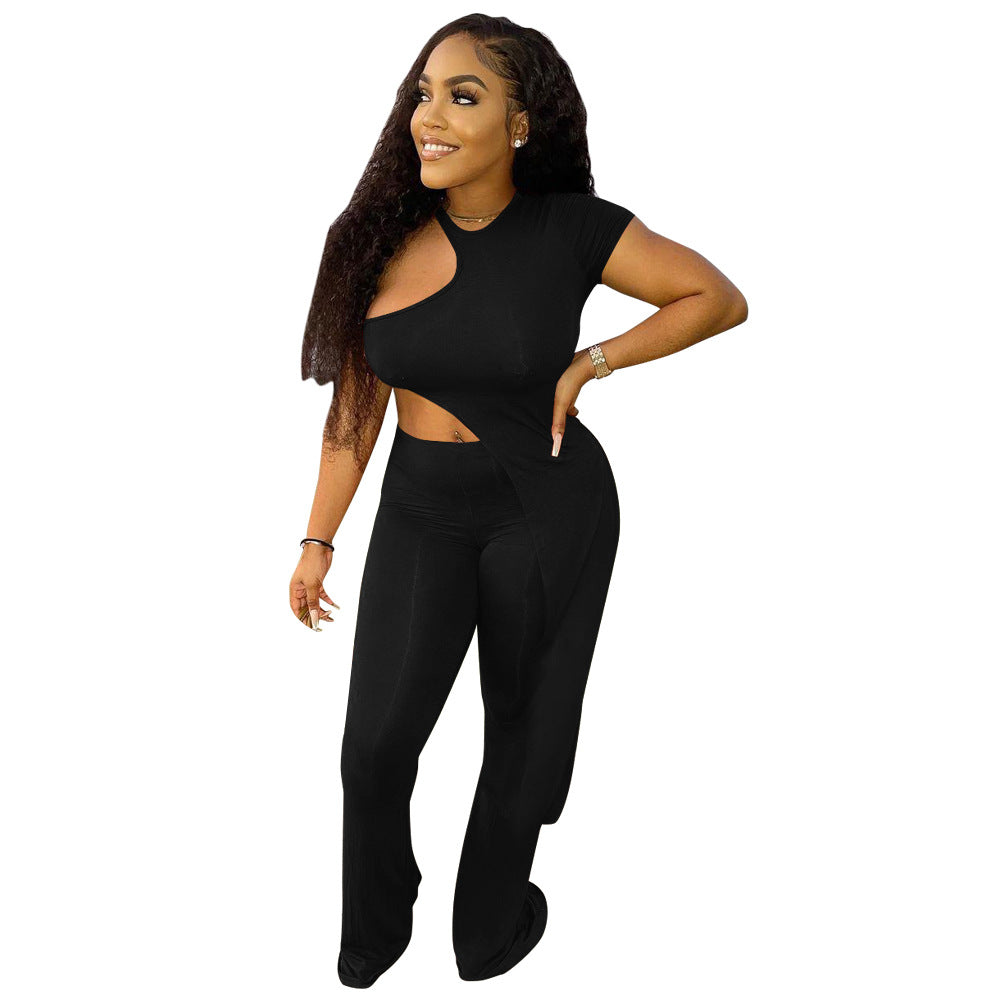 Women sexy asymmetrical Solid Top and Pant two-piece set 6