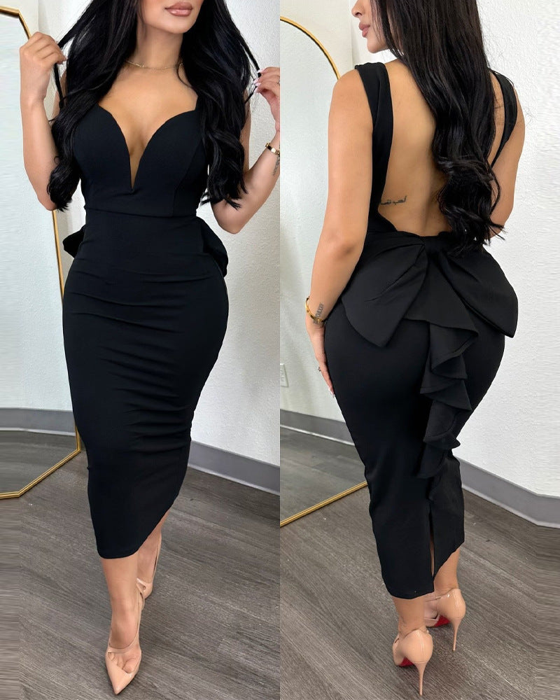 Women Solid Backless Ruffle Patchwork V-Neck Dress