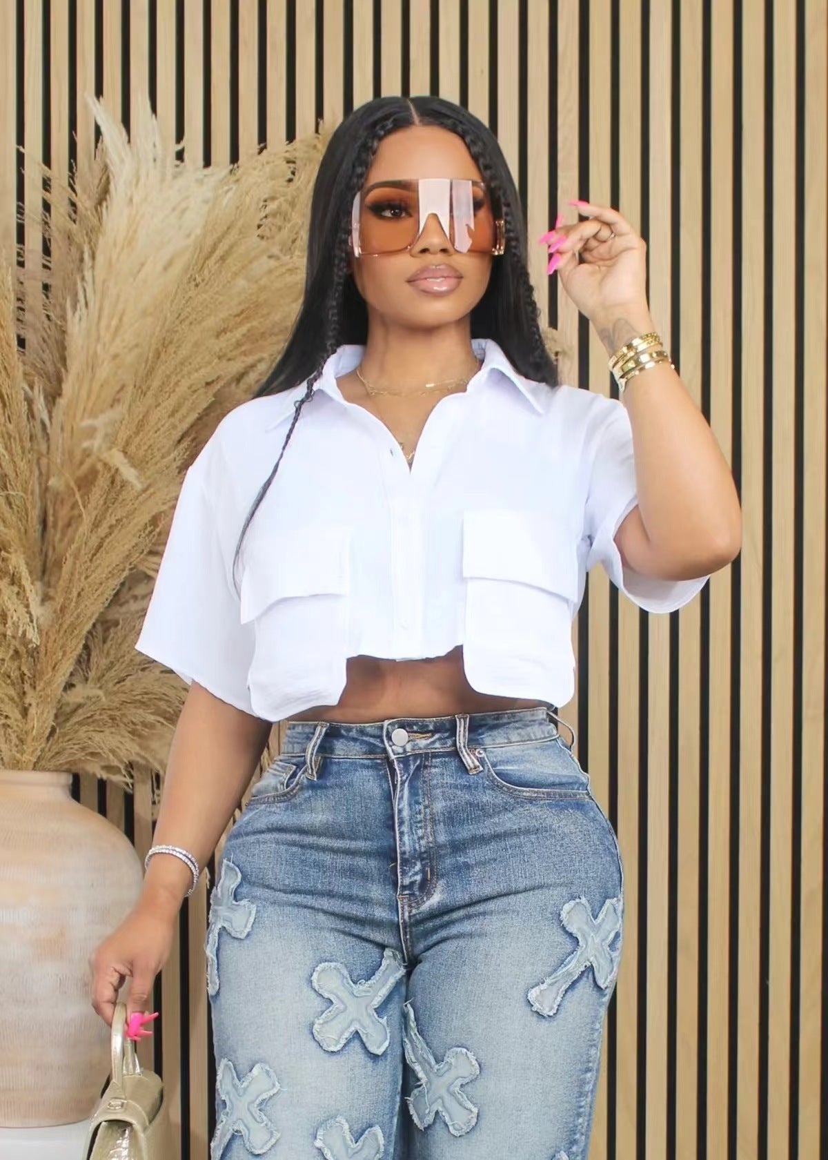 Spring Summer Women's Short Sleeve Solid Color Short Sleeve Crop Shirt