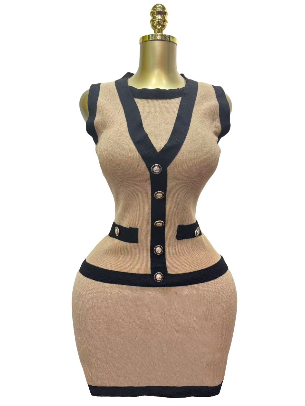 Women elegant button-down colorblock sleeveless single-breasted knitting dress 9