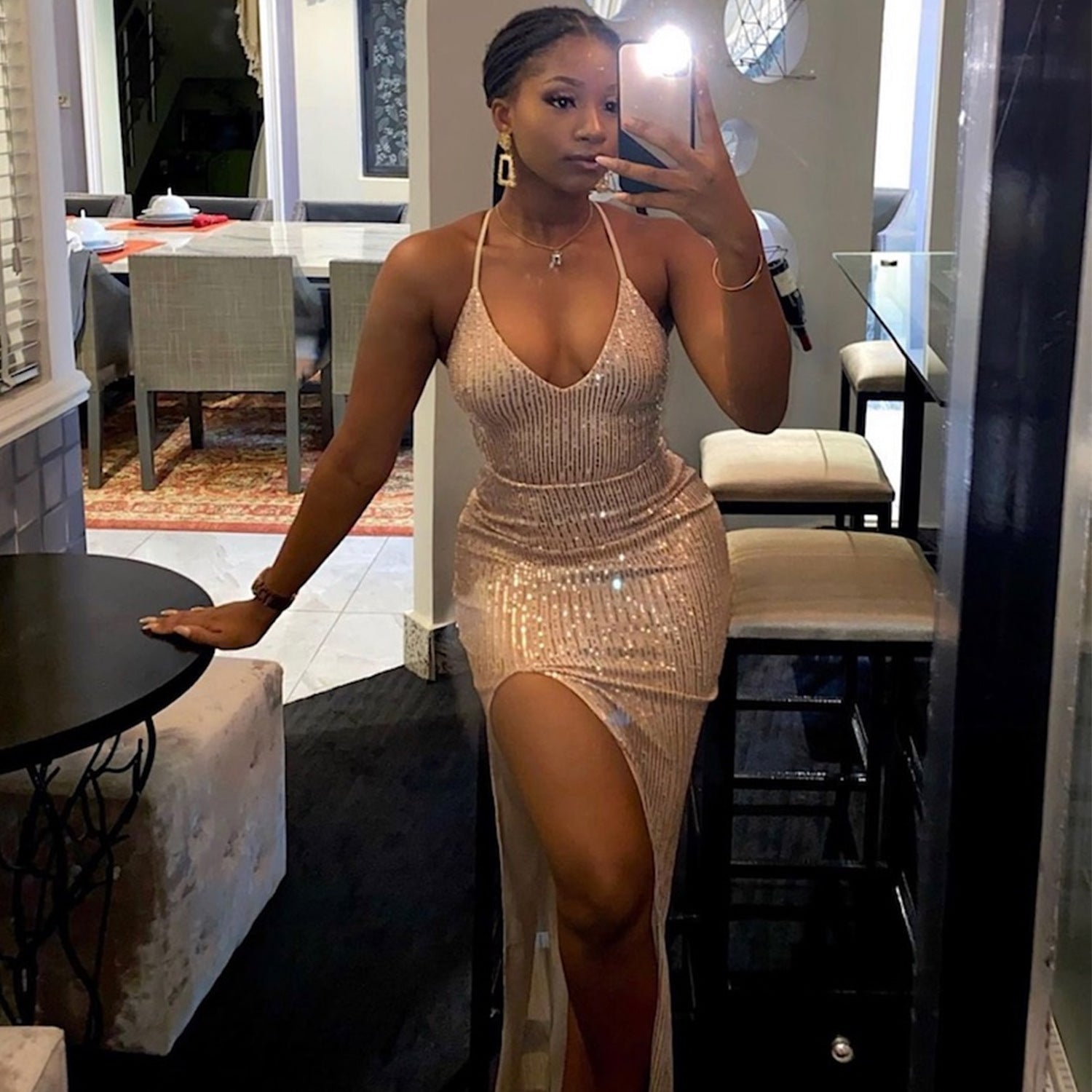 Women Fashion Sexy Low Back Lace-Up Sequin Slit Evening Dress 4