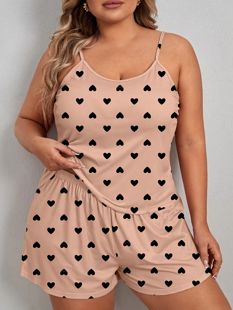 Summer Plus-Size Women's Heart Print Pajama Set Bow Shorts Loose Sleepwear