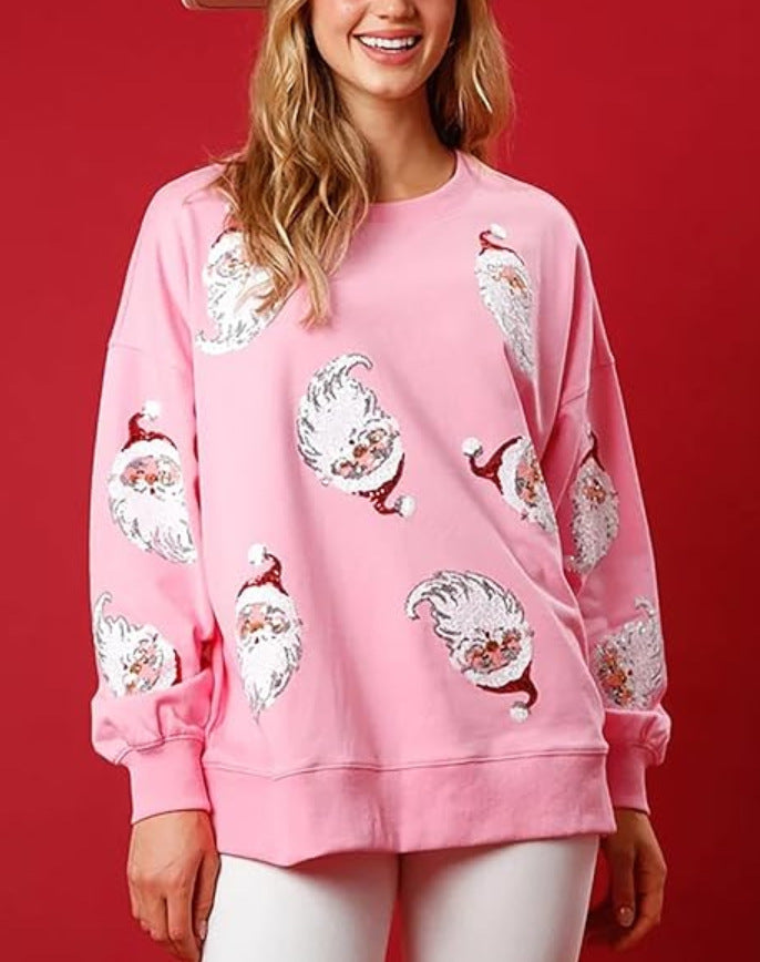 Autumn And Winter Christmas Round Neck Loose Sequin Women T-Shirt 4