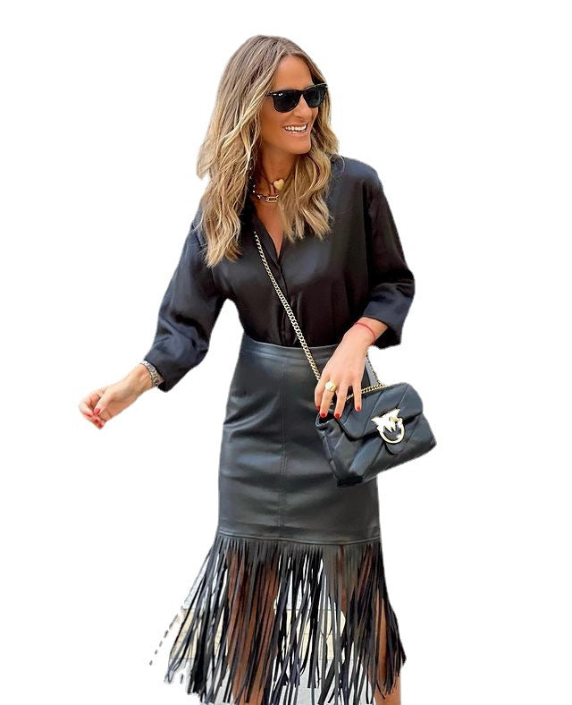 Street Trend Fall/Winter Tassel Patchwork Leather Skirt 8