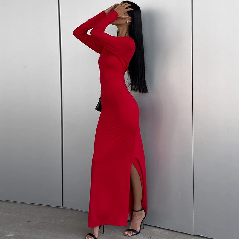Women Solid Long Sleeve Bodycon Slit Dress 7