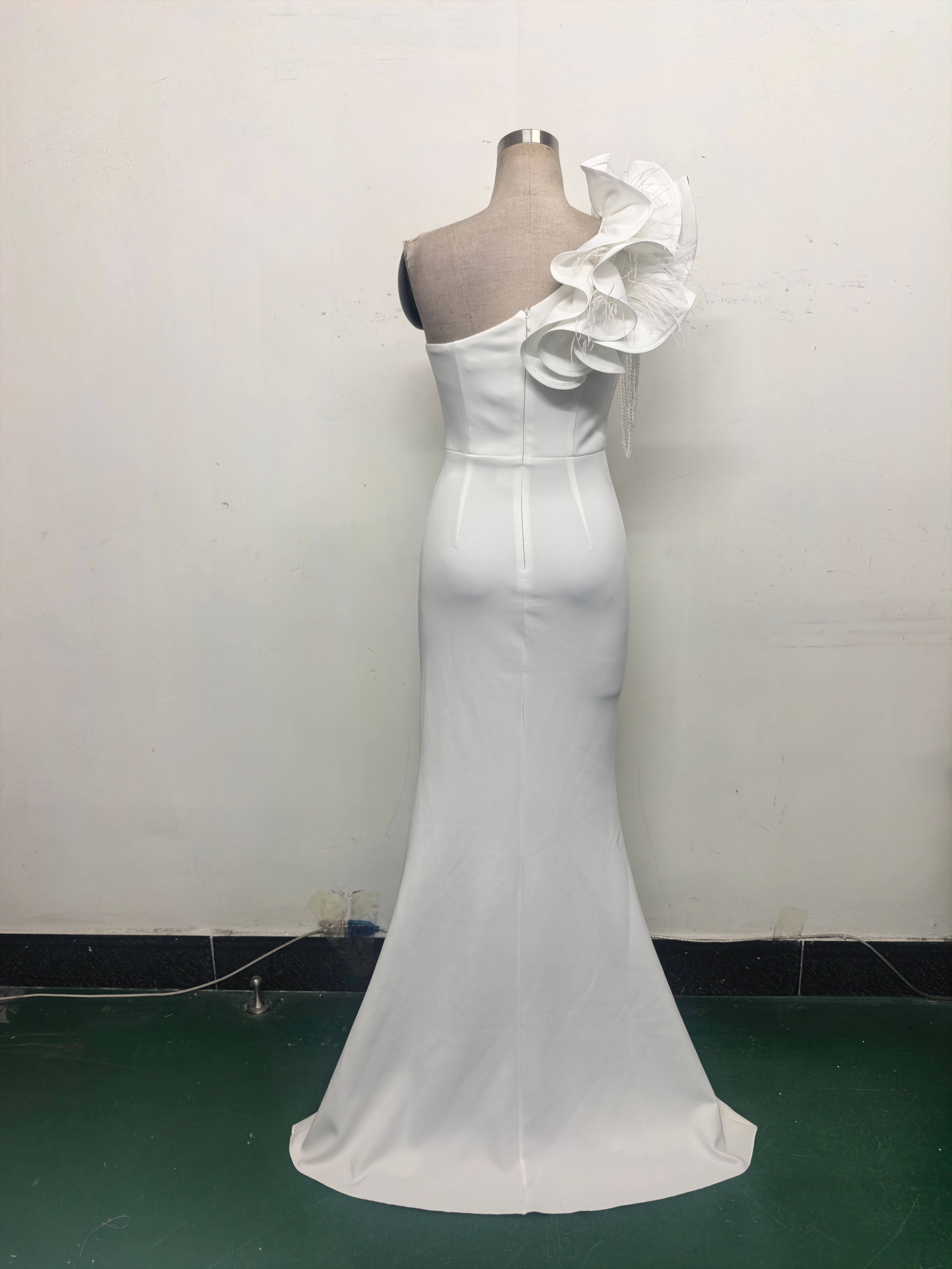 Women One-Shoulder Beaded Wool and Floral Satin Slit Sexy Evening Dress 14