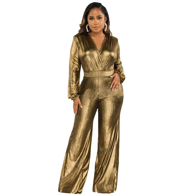 Sexy V Neck Shiny Long Sleeve Ladies Jumpsuit 21