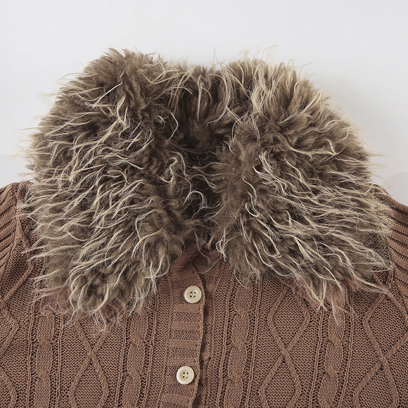 Autumn Winter American Detachable Fur Collar Cardigan Sweater Slim Short Jacket Top Women's Clothing 4