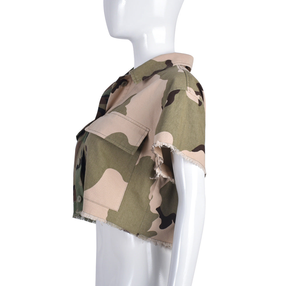 Autumn Contrasting Color Camouflage Pocket Loose Street Trendy Women'S Tops 8