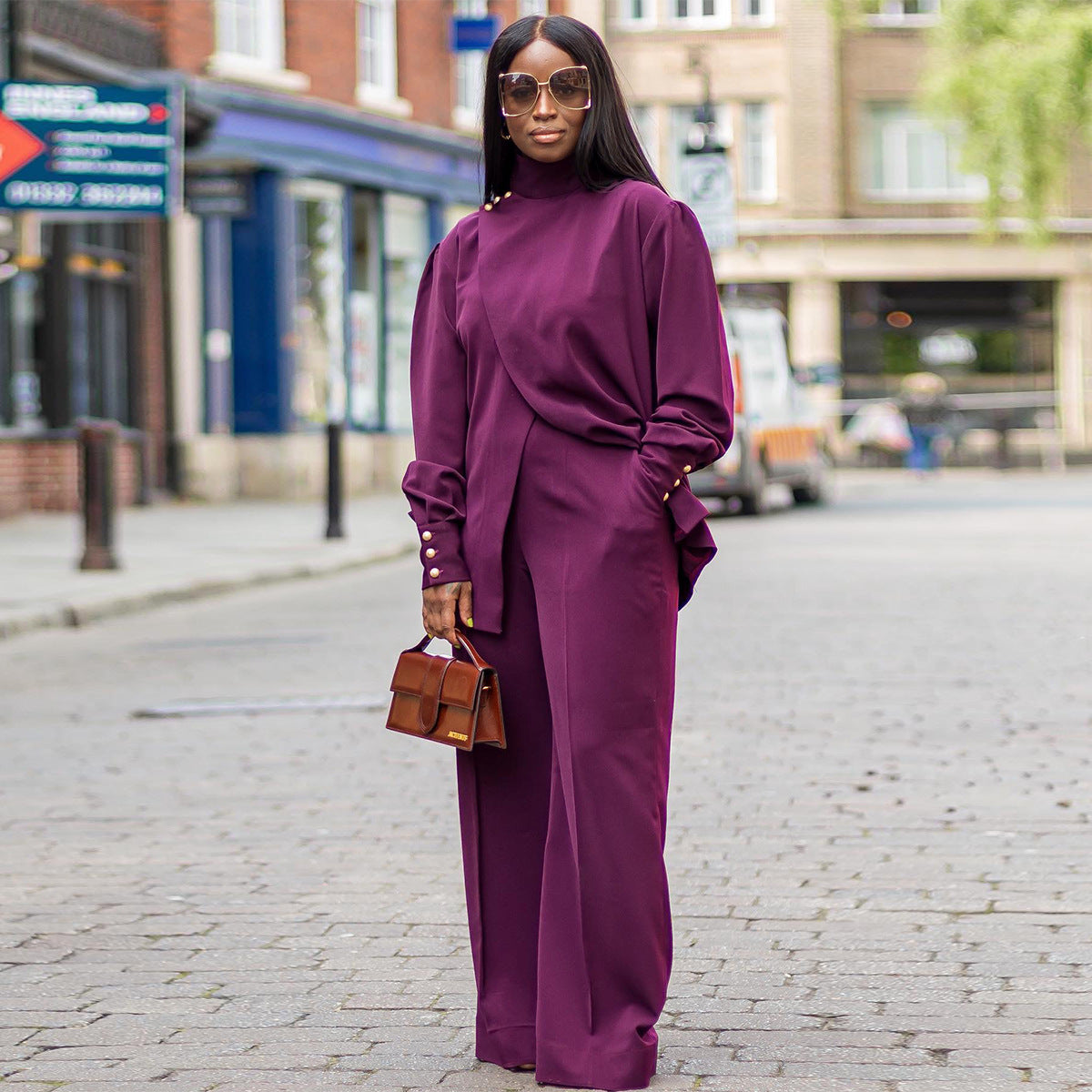 Women Turtleneck Irregular Slit Long Sleeves Top and Pant Casual Two-Piece Set