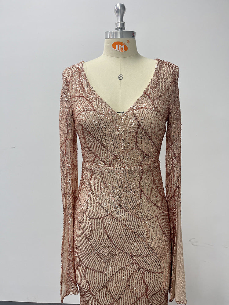 Women's V Neck Slit Long Sleeves Fully Lined Formal Party Mermaid Glitter Evening Dress 9