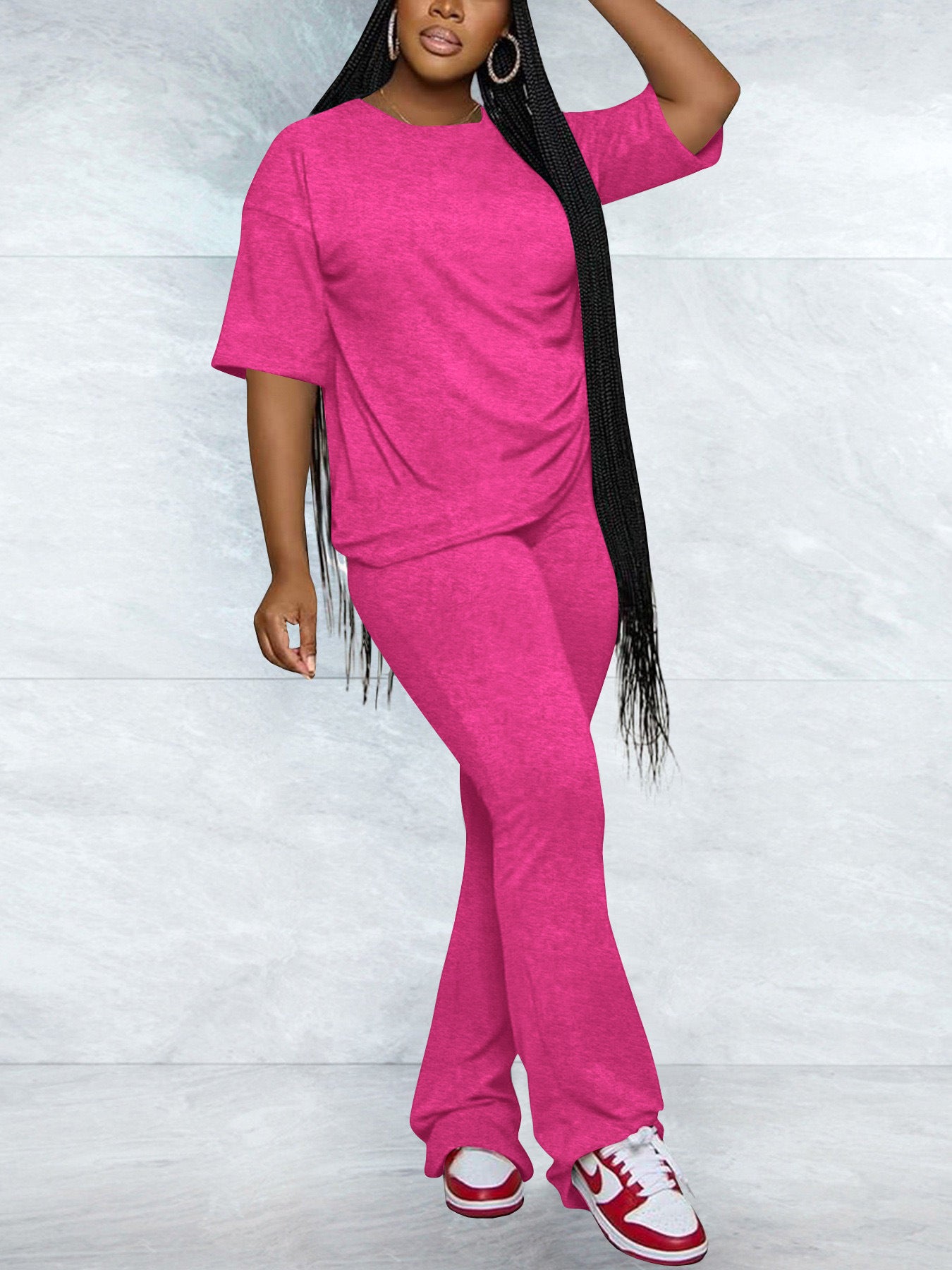 Women Casual Solid Round Neck Top and Pants Two-Piece Set 5