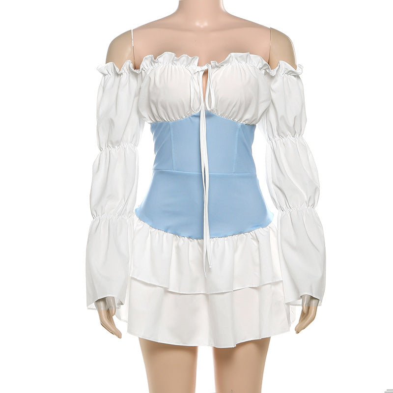 Autumn Women's Sexy Color Block Off Shoulder Puff Sleeve Slim Waist Casual Dress 10