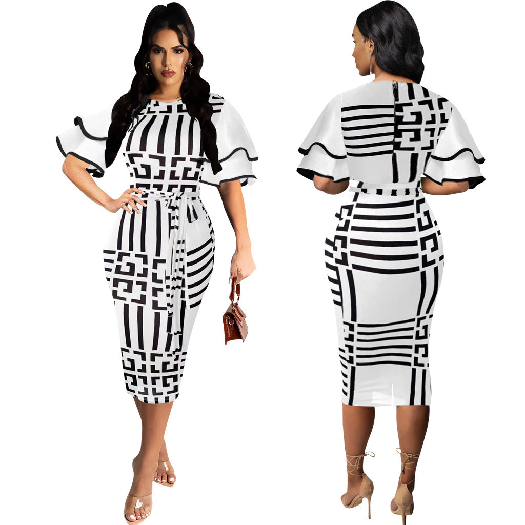 Women Sexy Printed Round Neck Short Sleeve Dress 3