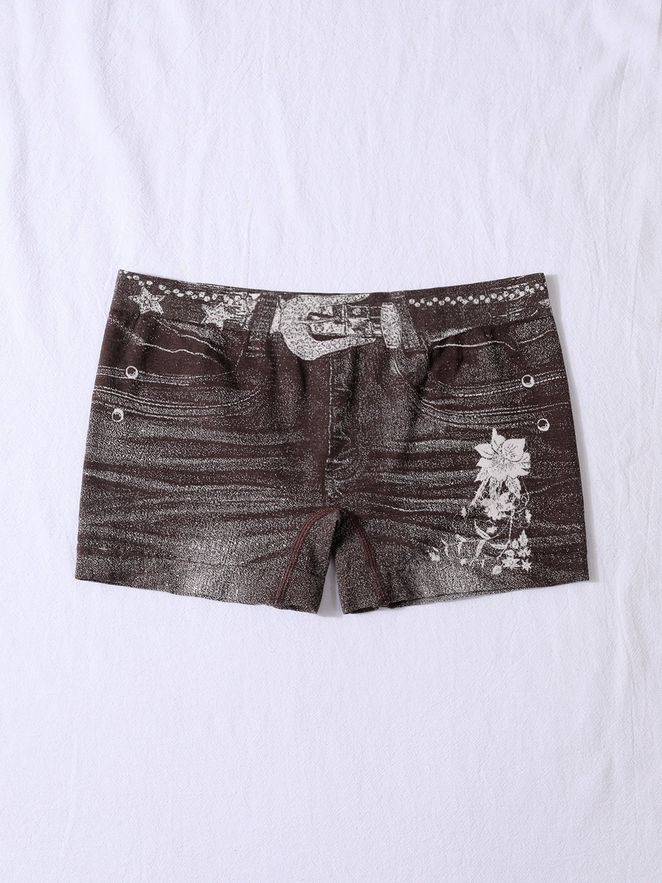 Seamless Simulated Denim Pattern Print Outdoor Wear High Stretch Mid-Rise Women's Square Leg Shorts 5