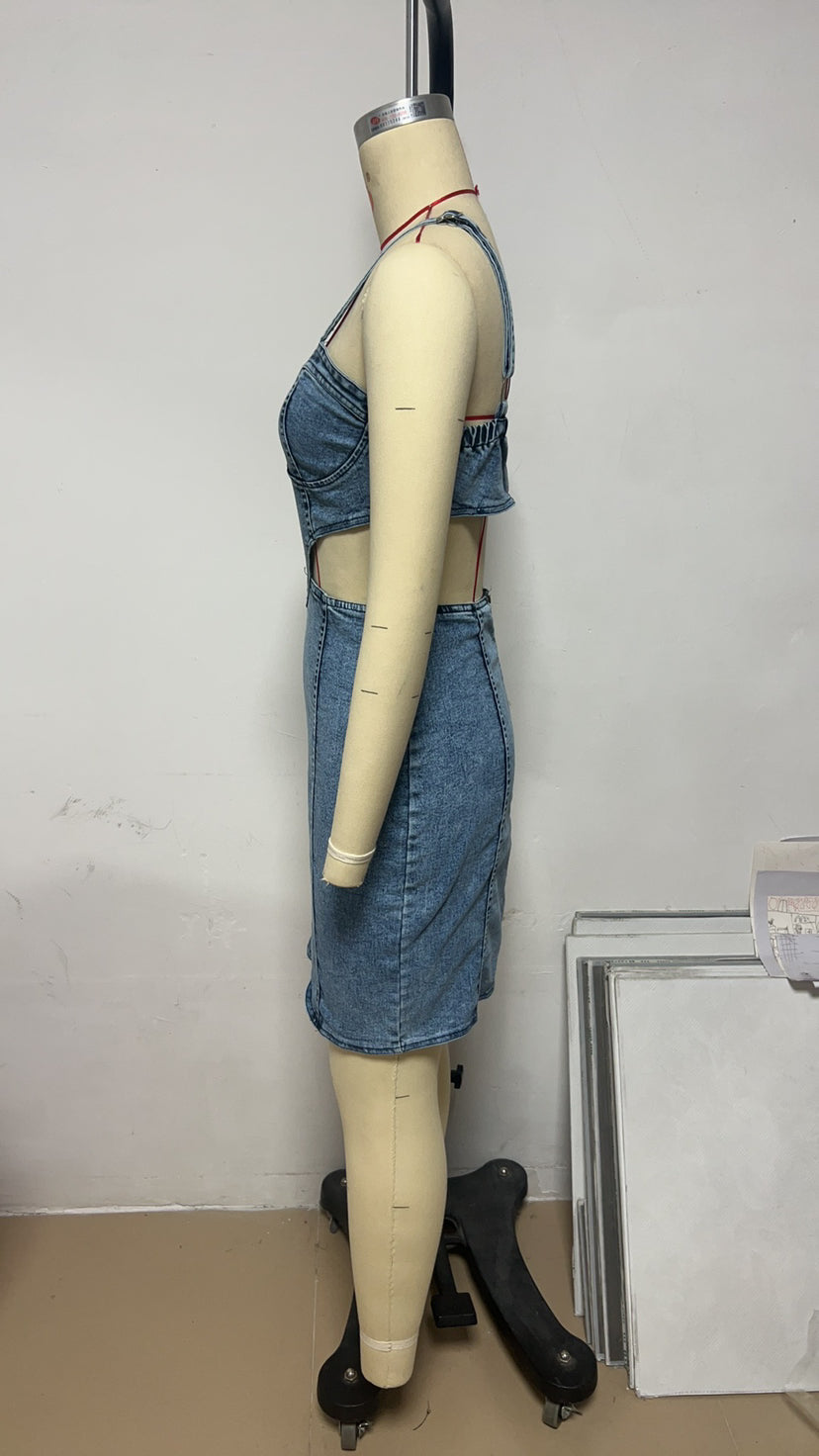Summer Women's Fashion Sexy Strap Low Back Denim Dress 7