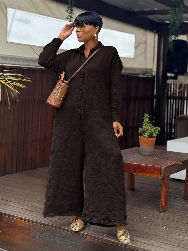 Plus Size Women Summer Casual Loose Round Neck Long Sleeve Wide Leg Jumpsuits 7