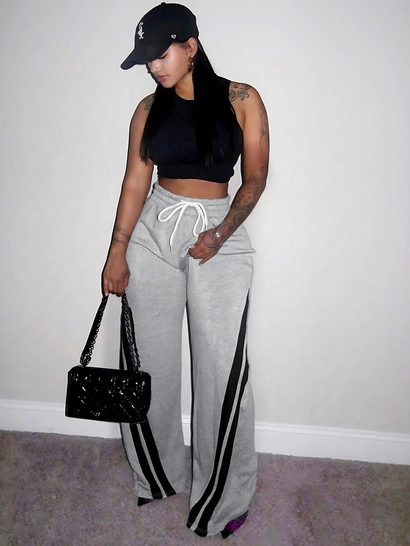 Women Casual side stripe wide leg pants 3