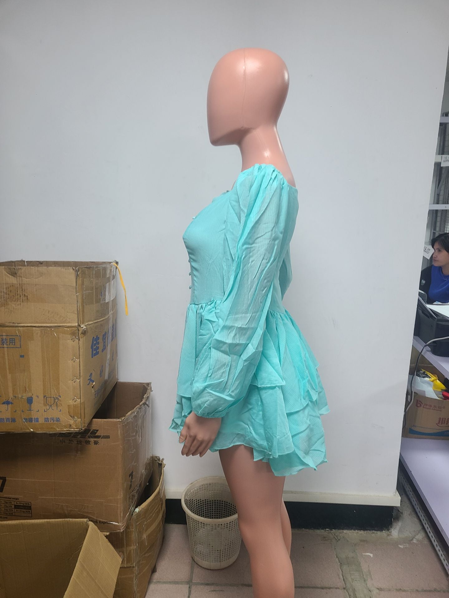 Women'sautumn fashion solid color puff sleeve Cascading Ruffles chiffon dress 10