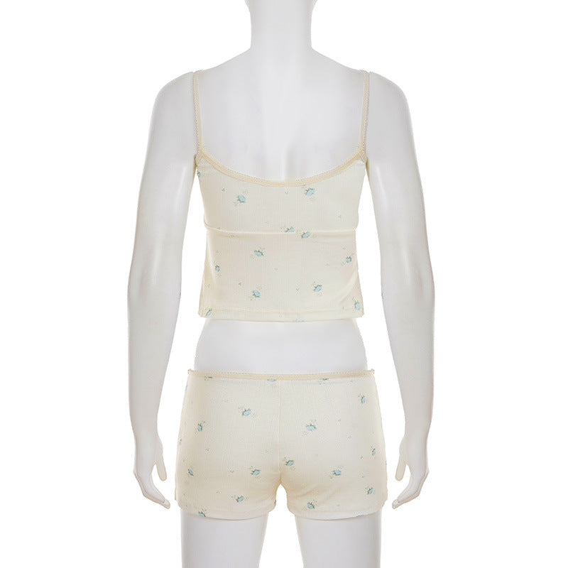 Women Floral Contrast Comfortable Crop Suspender Top and Shorts Two-piece Set 12