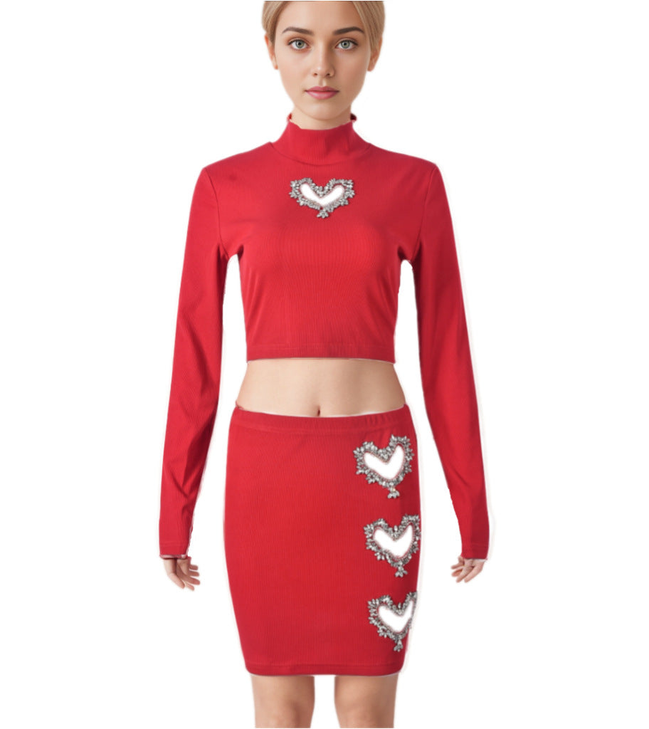 Rhinestone Heart Hollow Crop T-Shirt Short Skirt Fashion Casual Two Piece Set For Women 26