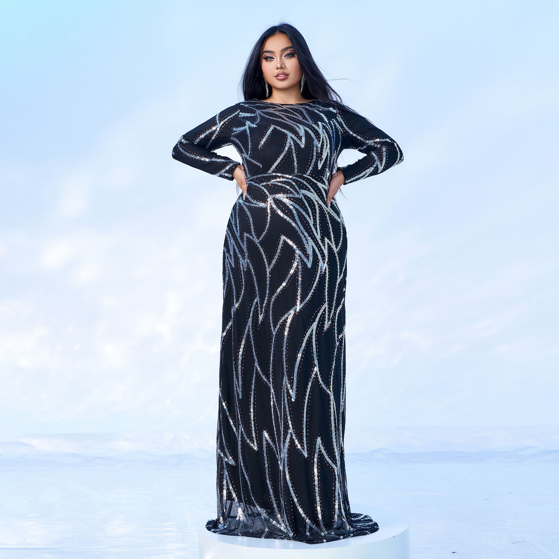 Plus Size Women's Long Sleeve Round Neck Formal Party Sexy Sequin Evening Dress 7