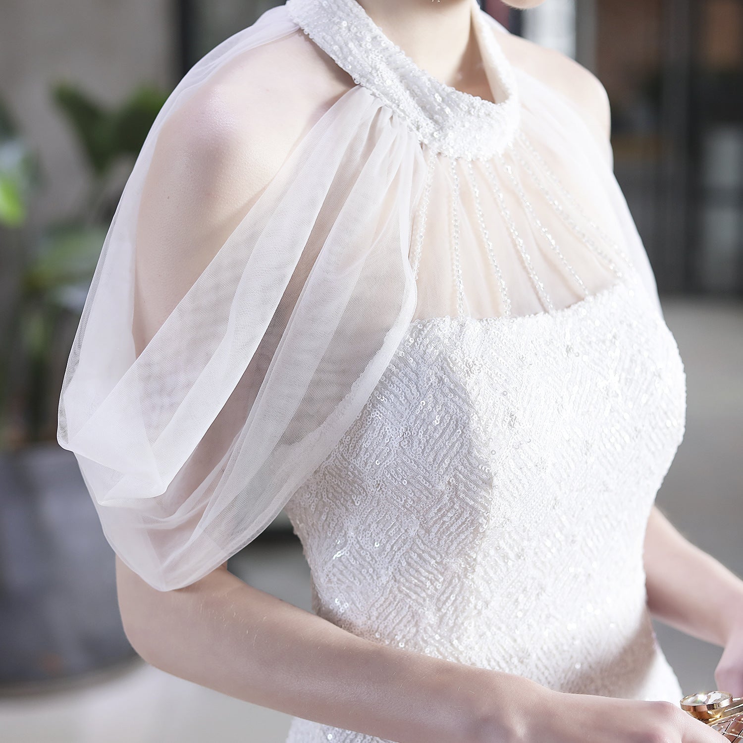 Sequin Mesh Halter-Neck Fishtail Bride Long Wedding Dress 27