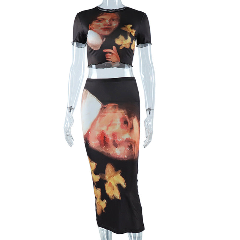 Digital Print Round Neck Top Maxi Skirt Two-Piece Set 9