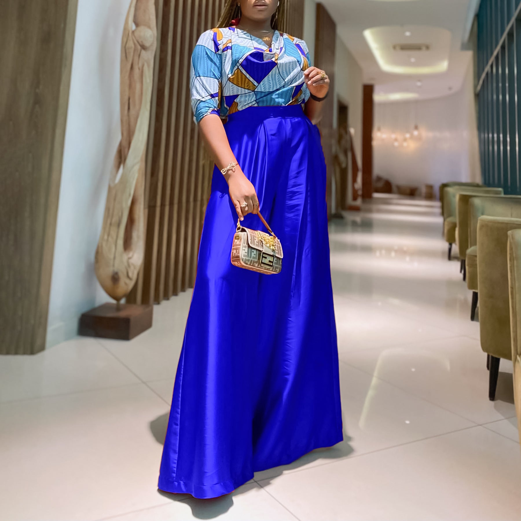 Women's Printed Short Sleeve Shirt Casual Loose Wide Leg Pants African Two-Piece Suit 4