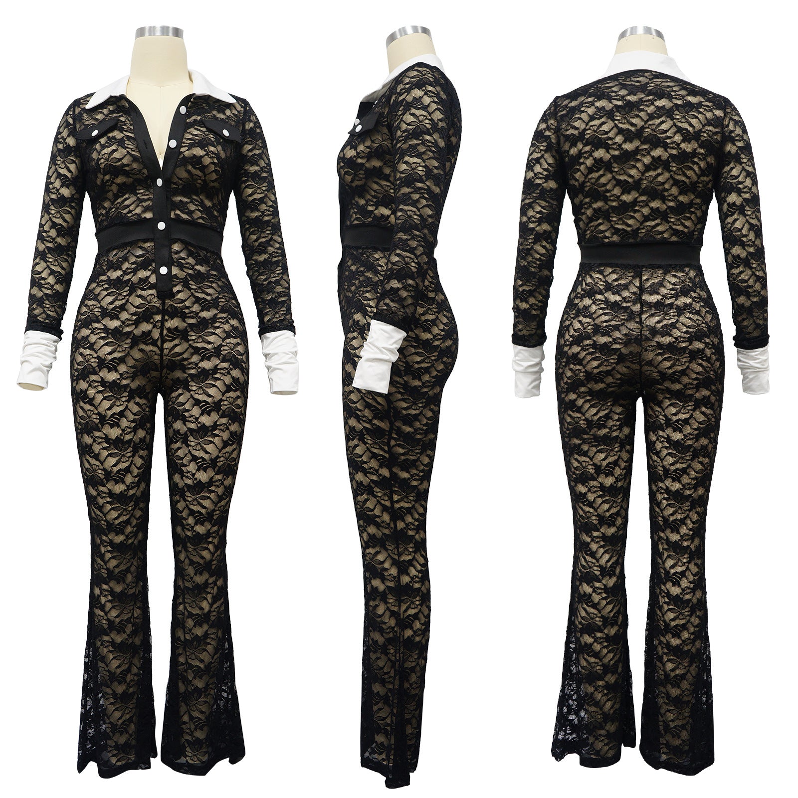 Women Lace Patchwork Long Sleeve Jumpsuit 10
