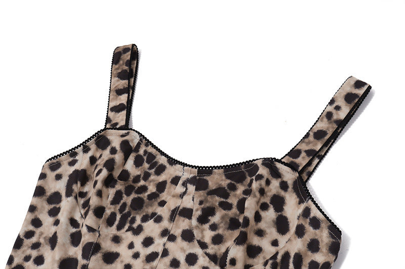 Women Spring Summer U-neck Sexy Leopard Strap Dress 10
