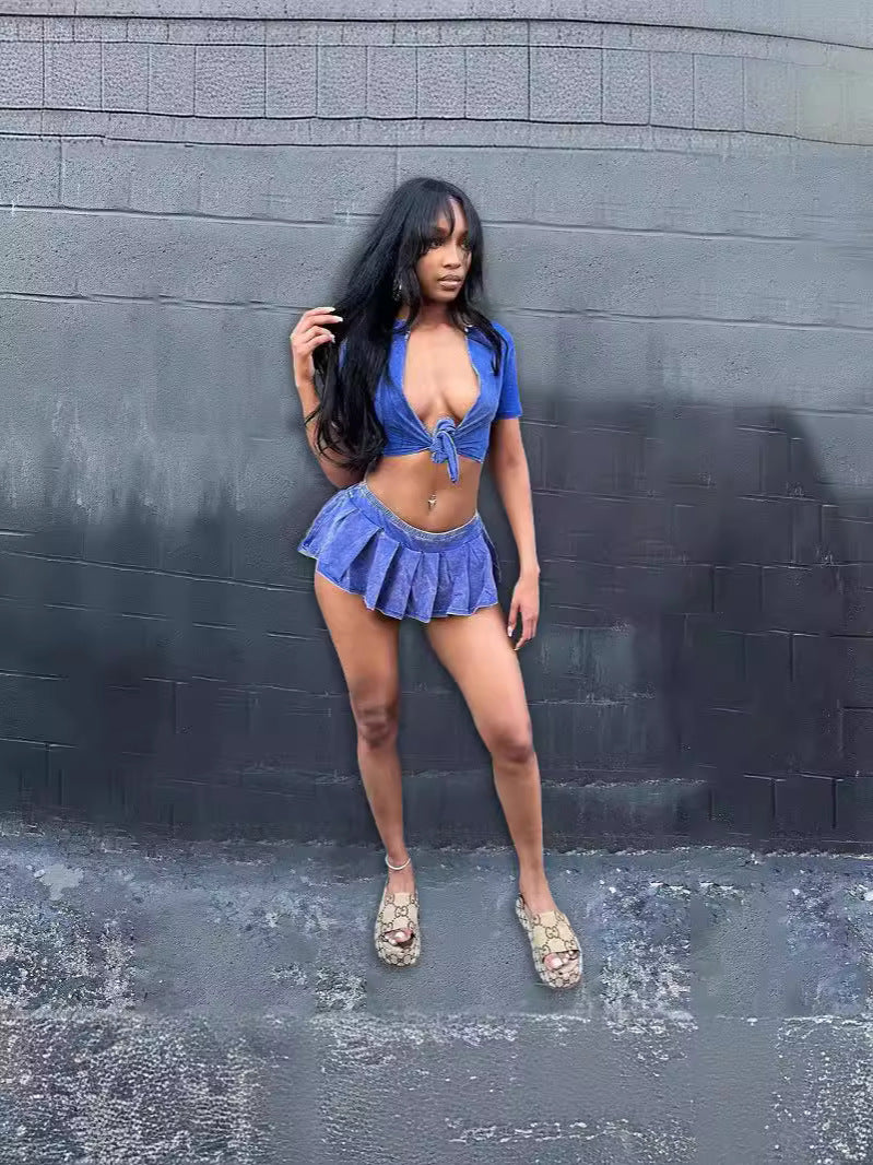 Women Short Sleeve Crop Top and Mini Skirt Two-piece Set (include Underwear ） 7