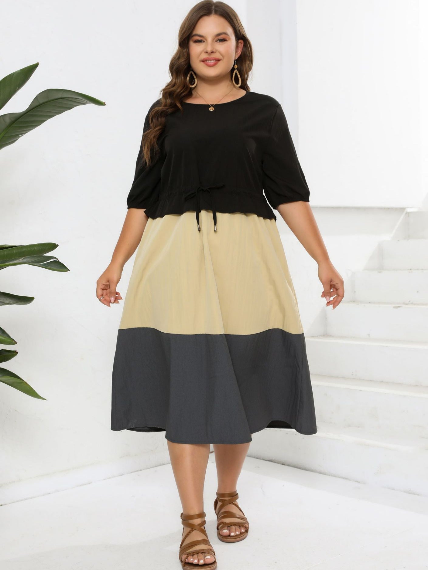 Plus Size Women Round Neck Short Sleeve Color Block Dress 6